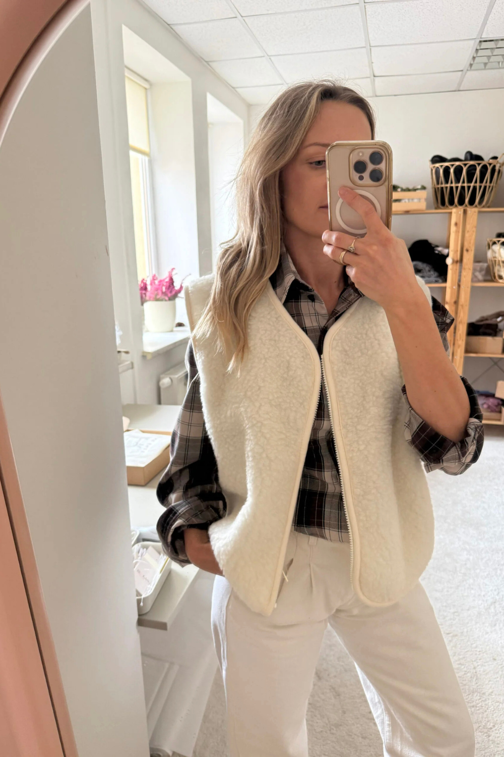 Kamizelka merino BASIC ZIP, creamy